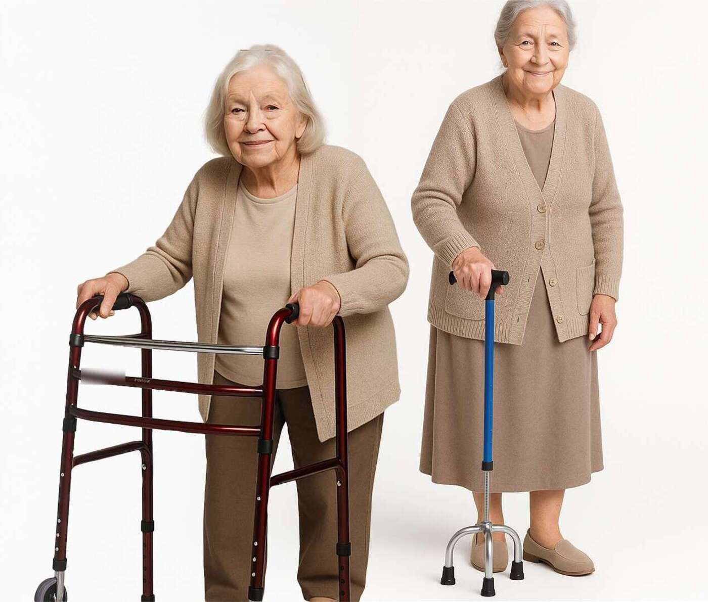 Two women using a MOYT walker and cane